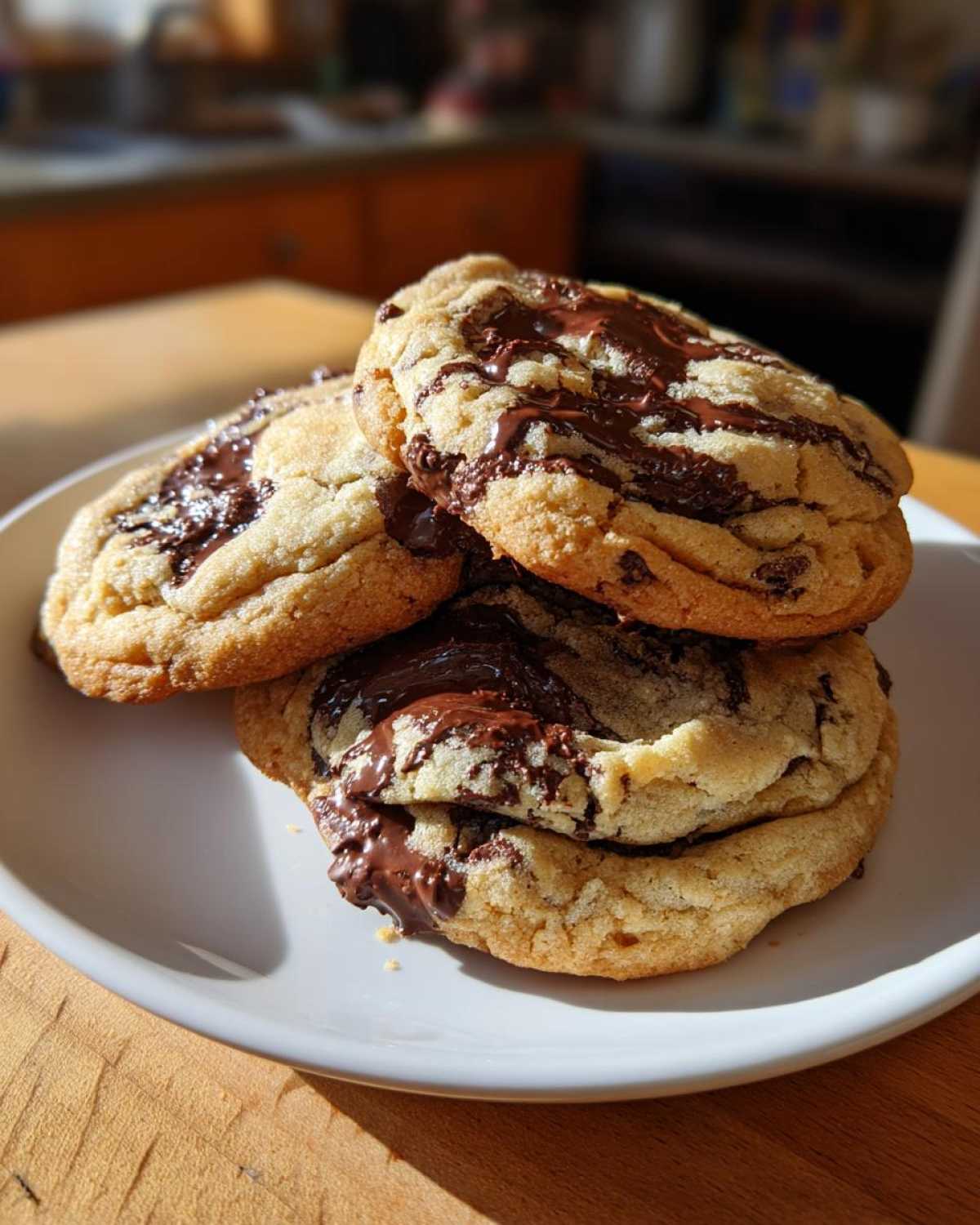 A stack of three soft Cream Cheese Chocolate Chip Cookies, generously topped with melted chocolate, resting on a white plate.