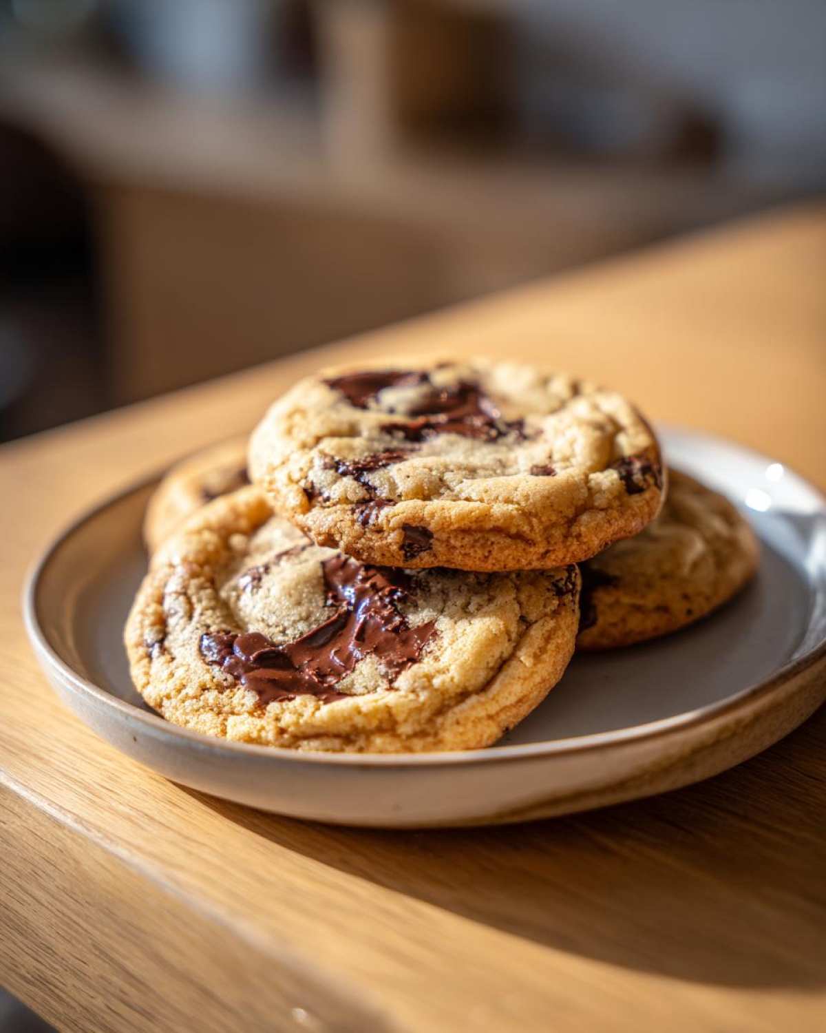 A stack of freshly baked Cream Cheese Chocolate Chip Cookies with gooey melted chocolate centers on a small plate.