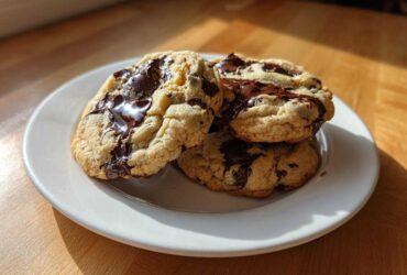 Three freshly baked Cream Cheese Chocolate Chip Cookies stacked on a white plate with melted chocolate.