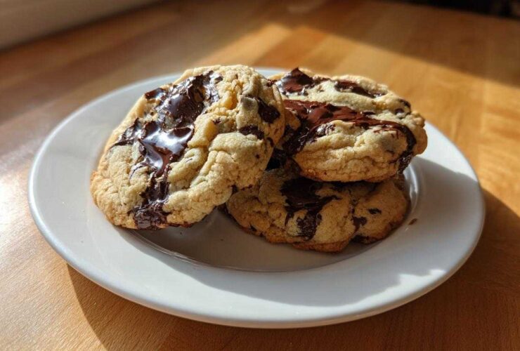 Three freshly baked Cream Cheese Chocolate Chip Cookies stacked on a white plate with melted chocolate.