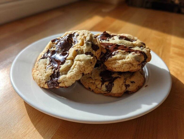 Three freshly baked Cream Cheese Chocolate Chip Cookies stacked on a white plate with melted chocolate.