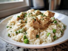 A close-up of a white plate filled with creamy chicken and rice mixed with bright green peas, garnished with parsley.