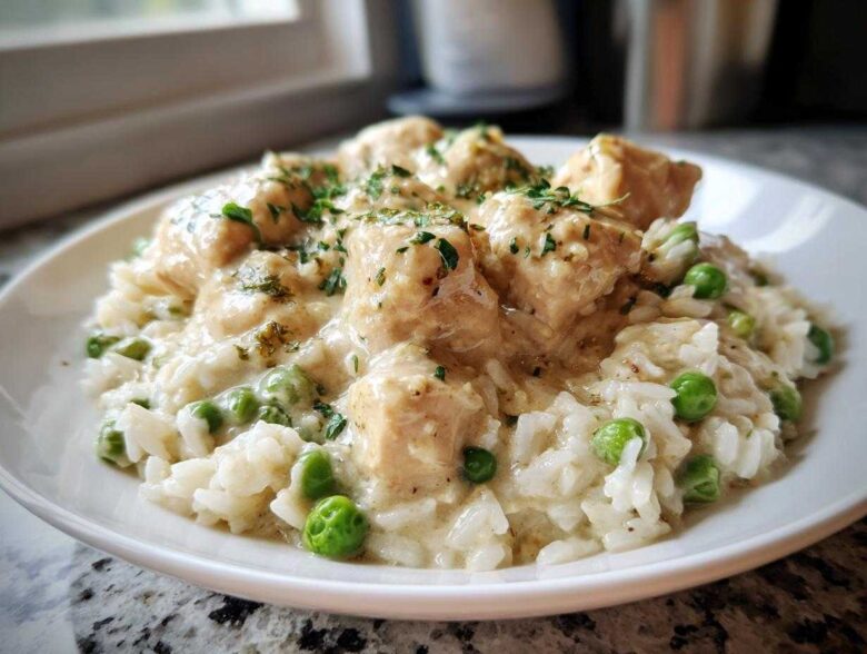 A close-up of a white plate filled with creamy chicken and rice mixed with bright green peas, garnished with parsley.