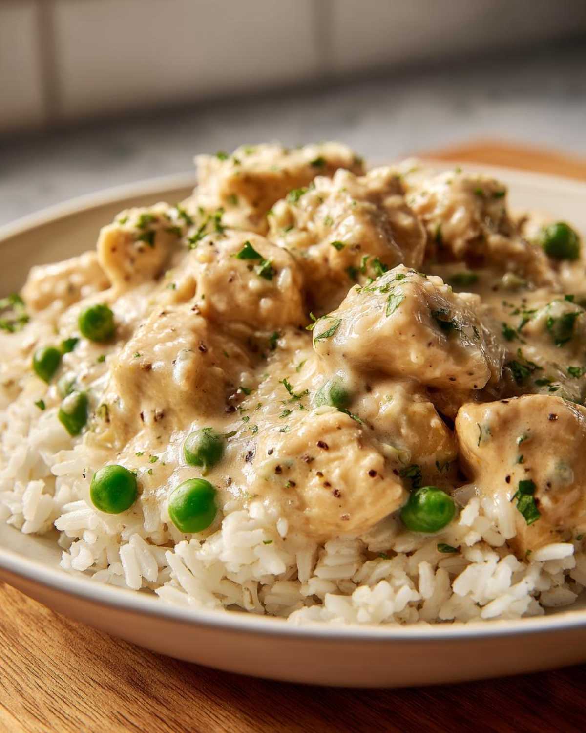 Close-up of Creamy Chicken and Rice served over white rice, topped with green peas and parsley.