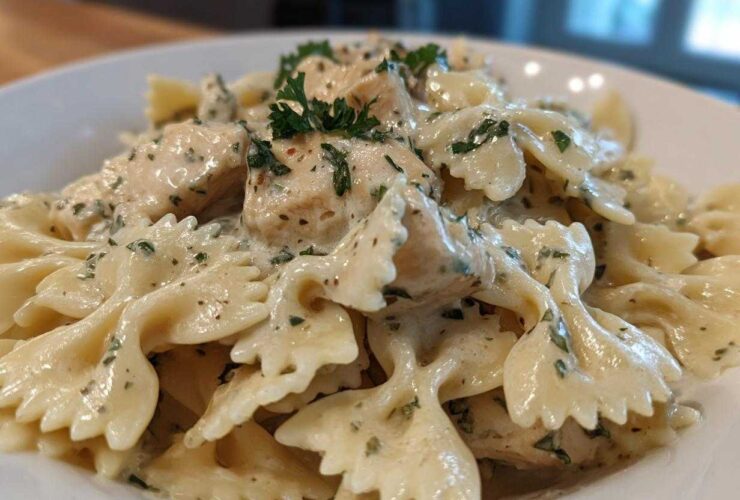 A close-up shot of a bowl filled with Creamy Chicken Bowtie Pasta, coated in a rich white sauce and garnished with fresh parsley.
