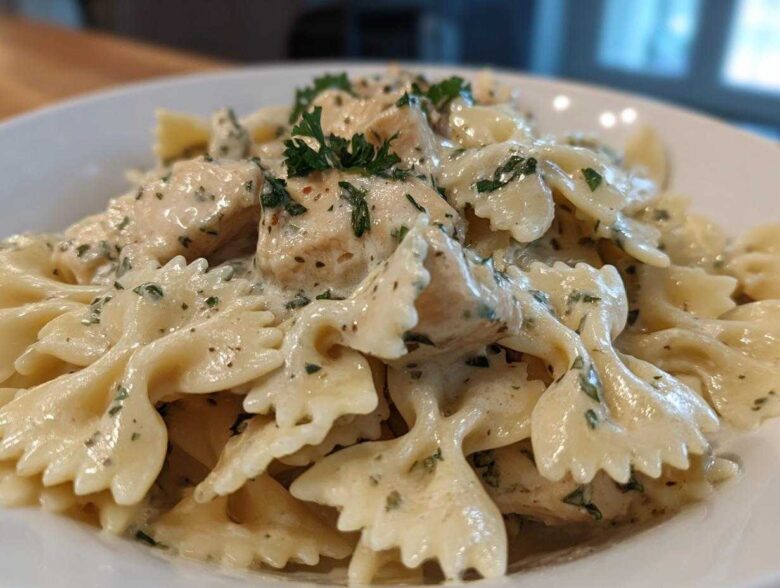 A close-up shot of a bowl filled with Creamy Chicken Bowtie Pasta, coated in a rich white sauce and garnished with fresh parsley.