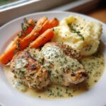 A plate featuring Creamy Herb Chicken with Mashed Potatoes & Honey Glazed Carrots, topped with fresh herbs.