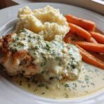 A plated serving of Creamy Herb Chicken with Mashed Potatoes & Honey Glazed Carrots, covered in a rich herb sauce.