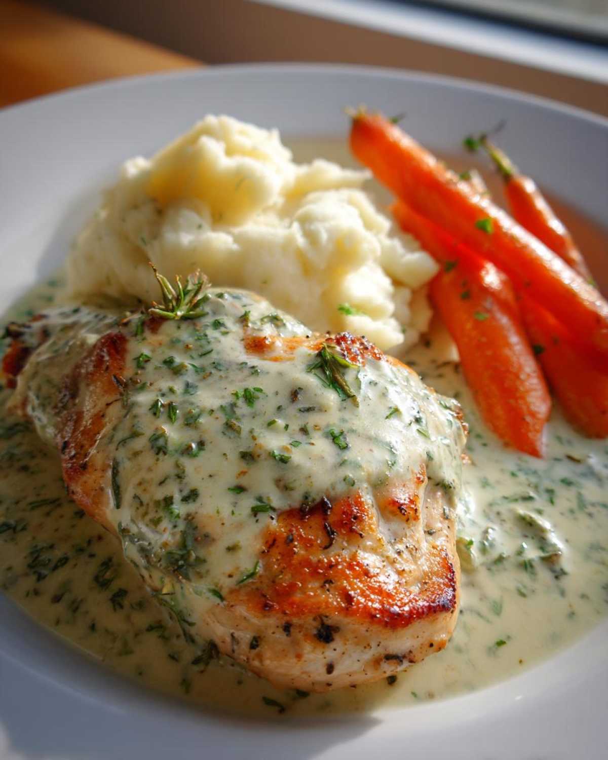 A perfectly seared chicken breast covered in creamy herb sauce, served with mashed potatoes and honey glazed carrots.