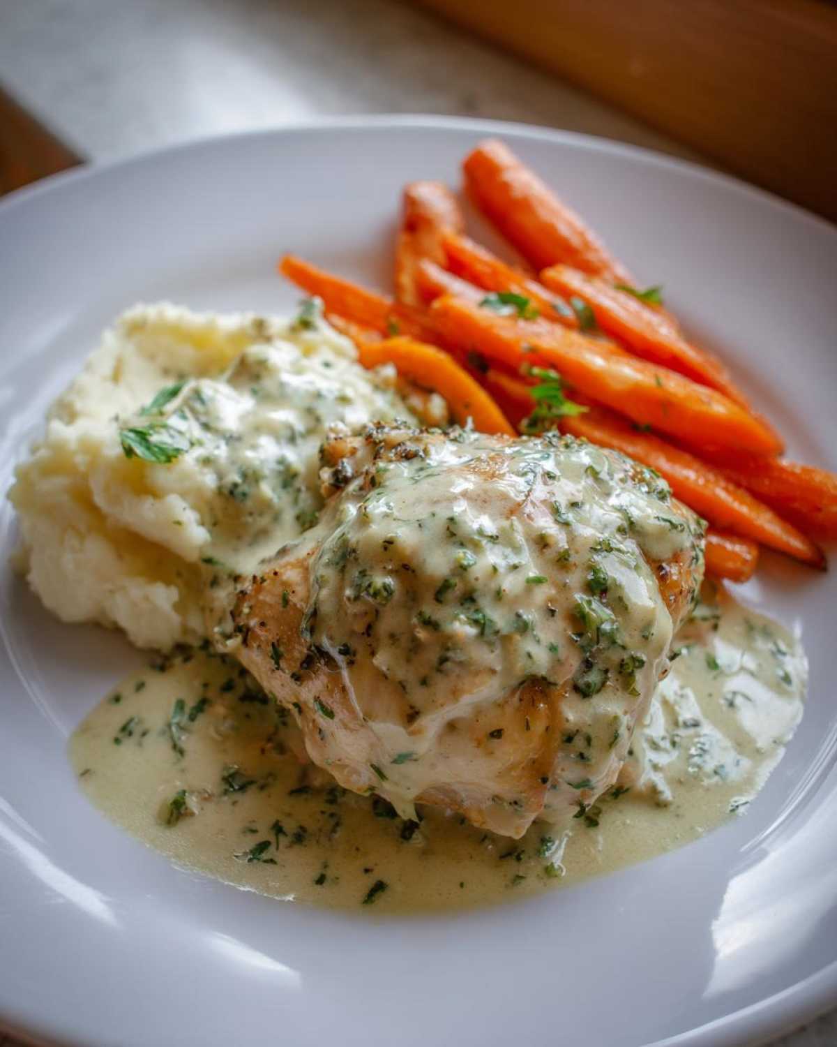 A plate featuring Creamy Herb Chicken with Mashed Potatoes & Honey Glazed Carrots, covered in herb sauce.