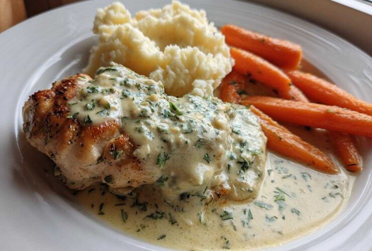 A plated serving of Creamy Herb Chicken with Mashed Potatoes & Honey Glazed Carrots, covered in a rich herb sauce.