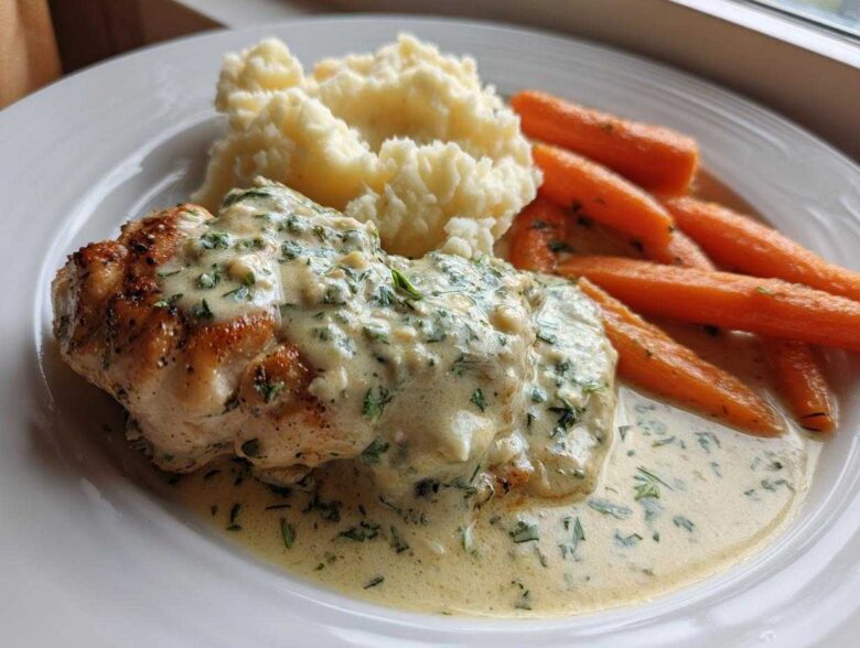A plated serving of Creamy Herb Chicken with Mashed Potatoes & Honey Glazed Carrots, covered in a rich herb sauce.