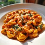 Close-up of creamy Marry Me Tortellini coated in a rich, orange sauce with wilted spinach and grated Parmesan cheese.