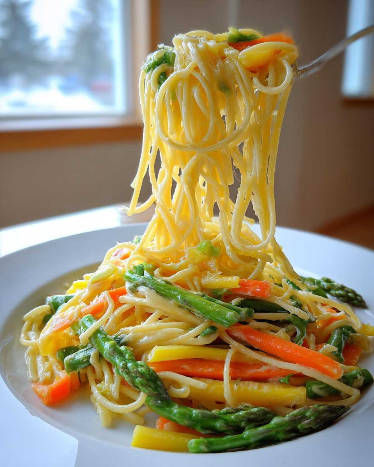 A fork lifting strands of creamy Pasta Primavera, showing bright green asparagus and orange/yellow carrots mixed with spaghetti.