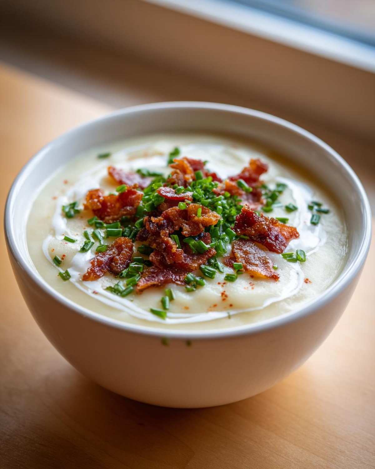 A close-up of a white bowl filled with rich Creamy Potato Soup, topped generously with crispy bacon bits and fresh green chives.