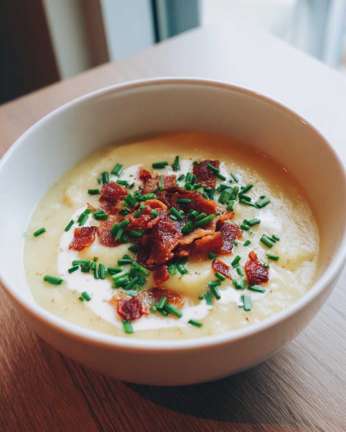 A close-up of a bowl of thick Creamy Potato Soup garnished with crumbled bacon and fresh chives.