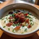 A close-up of a bowl of rich Creamy Potato Soup topped generously with crumbled bacon, sour cream swirls, and fresh chopped chives.