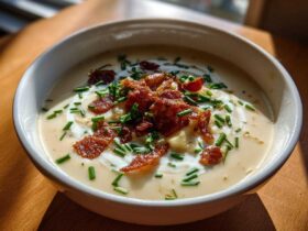 A close-up of a bowl of rich Creamy Potato Soup topped generously with crumbled bacon, sour cream swirls, and fresh chopped chives.