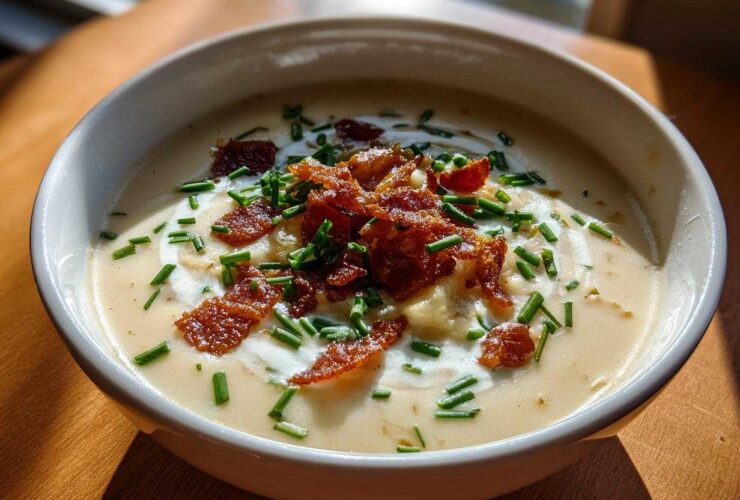 A close-up of a bowl of rich Creamy Potato Soup topped generously with crumbled bacon, sour cream swirls, and fresh chopped chives.