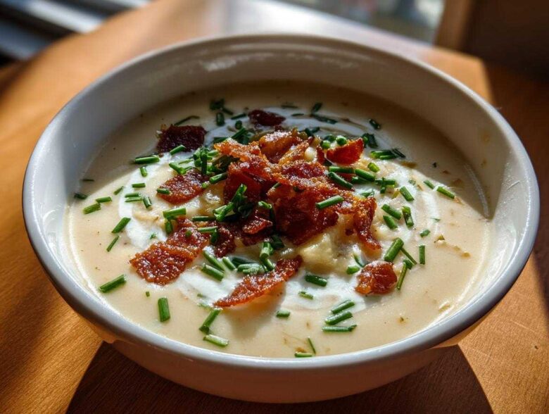 A close-up of a bowl of rich Creamy Potato Soup topped generously with crumbled bacon, sour cream swirls, and fresh chopped chives.