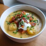 A white bowl filled with thick, creamy potato soup, topped with chunks of potato, sour cream, bacon bits, and fresh chives.