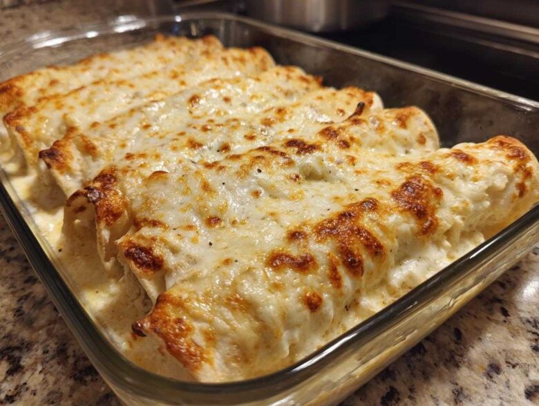 Close-up of freshly baked Creamy White Chicken Enchiladas covered in melted, slightly browned cheese sauce in a glass baking dish.