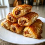 A stack of golden brown, flaky Crispy Sausage Roll-Ups showing the savory sausage filling inside.