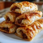 A stack of five golden brown, flaky Crispy Sausage Roll-Ups piled on a white plate.