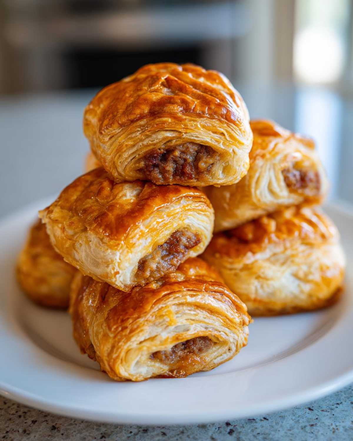 A stack of golden brown, flaky Crispy Sausage Roll-Ups showing the savory sausage filling inside.