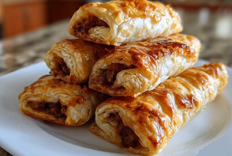 A stack of five golden brown, flaky Crispy Sausage Roll-Ups piled on a white plate.