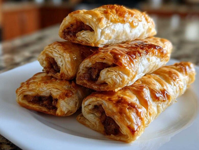 A stack of five golden brown, flaky Crispy Sausage Roll-Ups piled on a white plate.