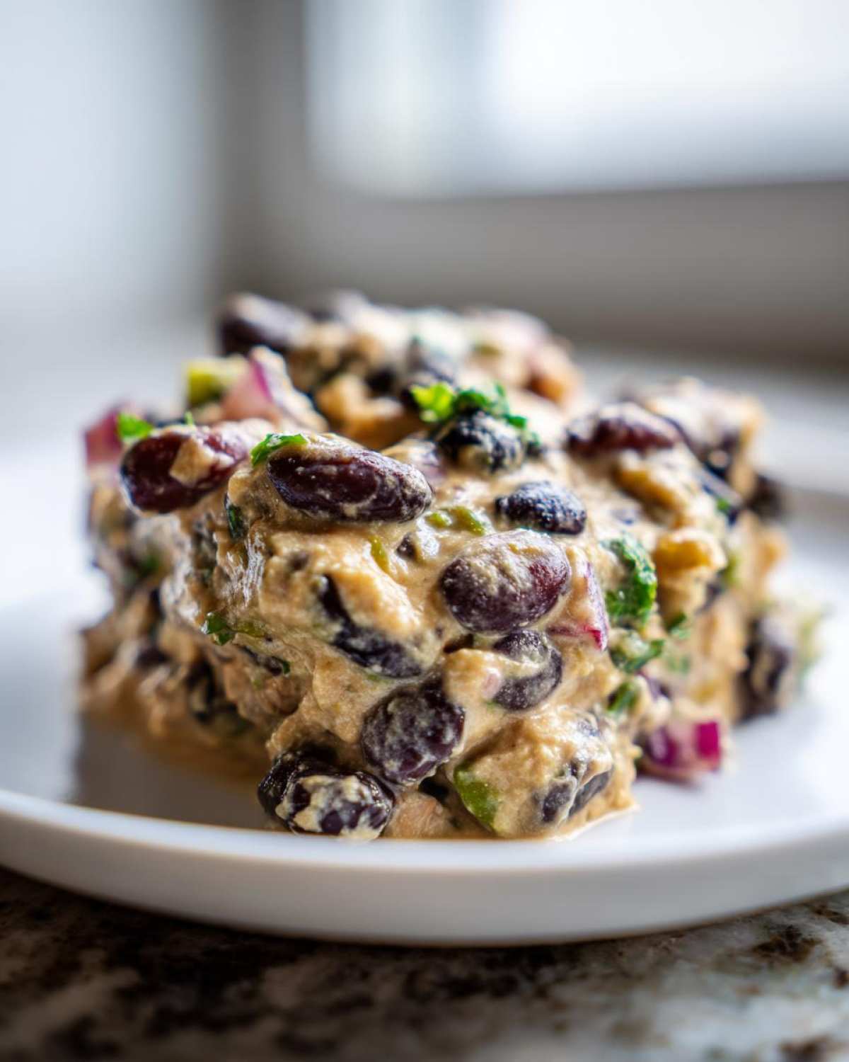 Close-up of a scoop of rich, creamy Dense Bean Salad featuring black beans and red onion on a white plate.