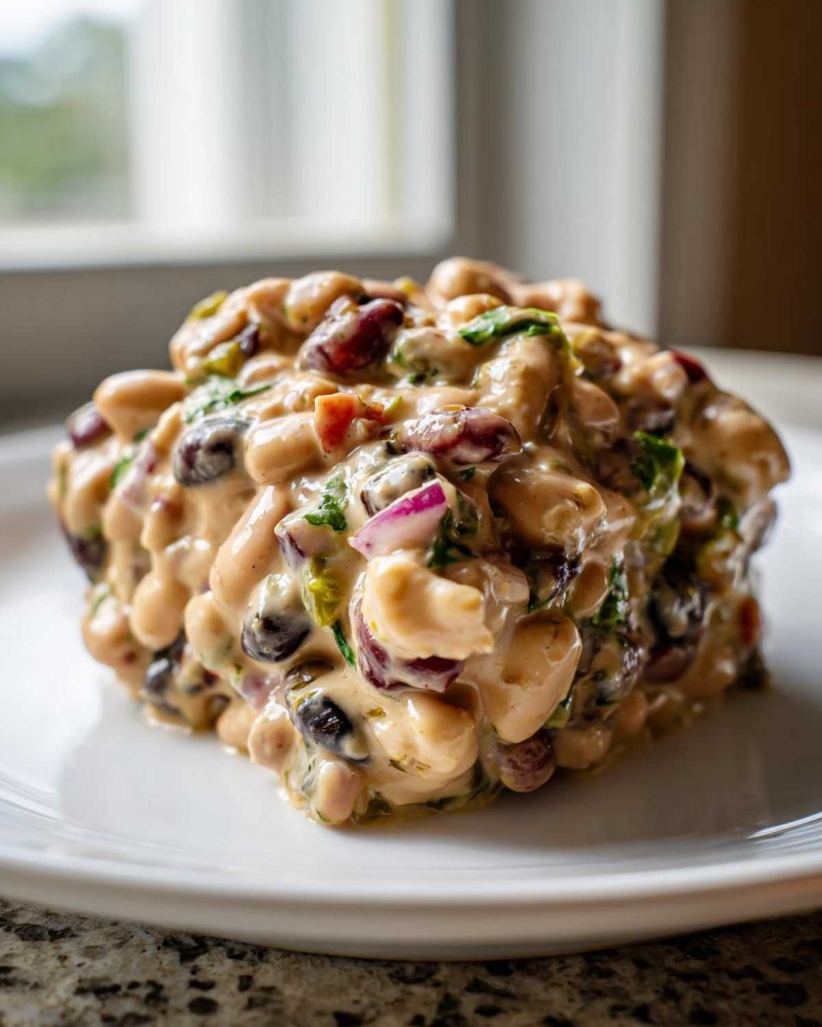 A close-up, molded serving of Dense Bean Salad featuring white beans, dark beans, red onion, and creamy dressing.