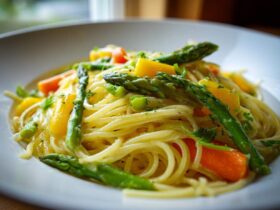A close-up, featured image of bright Pasta Primavera featuring spaghetti tossed with bright green asparagus and orange bell peppers.