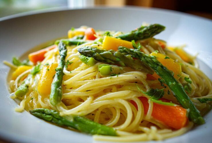 A close-up, featured image of bright Pasta Primavera featuring spaghetti tossed with bright green asparagus and orange bell peppers.