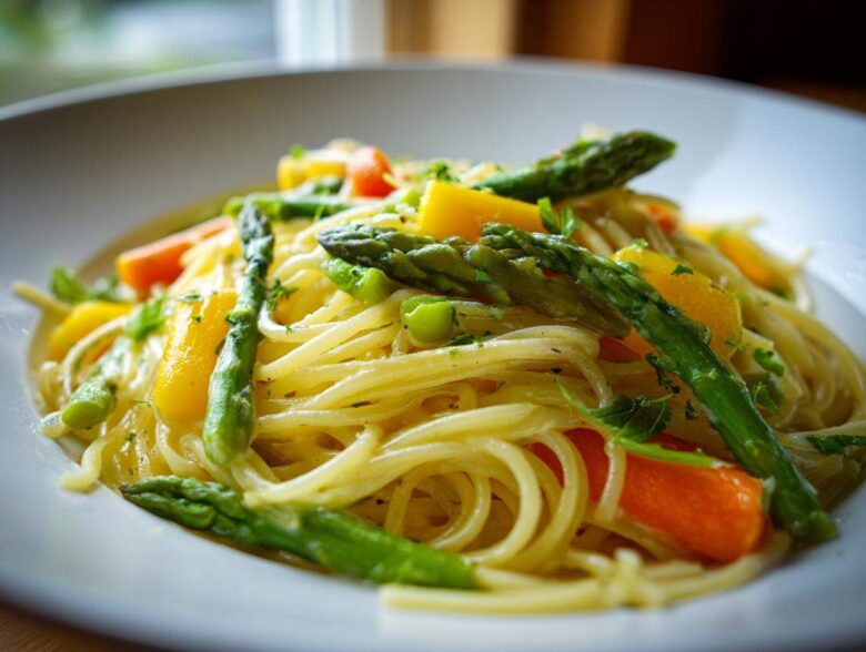 A close-up, featured image of bright Pasta Primavera featuring spaghetti tossed with bright green asparagus and orange bell peppers.