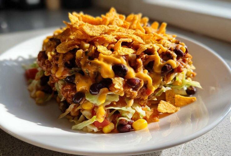 A tall serving of Frito Cowboy Cabbage Salad topped with melted cheese sauce and crunchy Fritos corn chips.