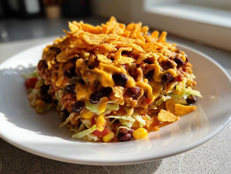 A tall serving of Frito Cowboy Cabbage Salad topped with melted cheese sauce and crunchy Fritos corn chips.