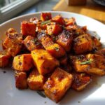 A close-up of perfectly caramelized and glazed Roasted Sweet Potatoes seasoned with herbs like rosemary, served in a white bowl.