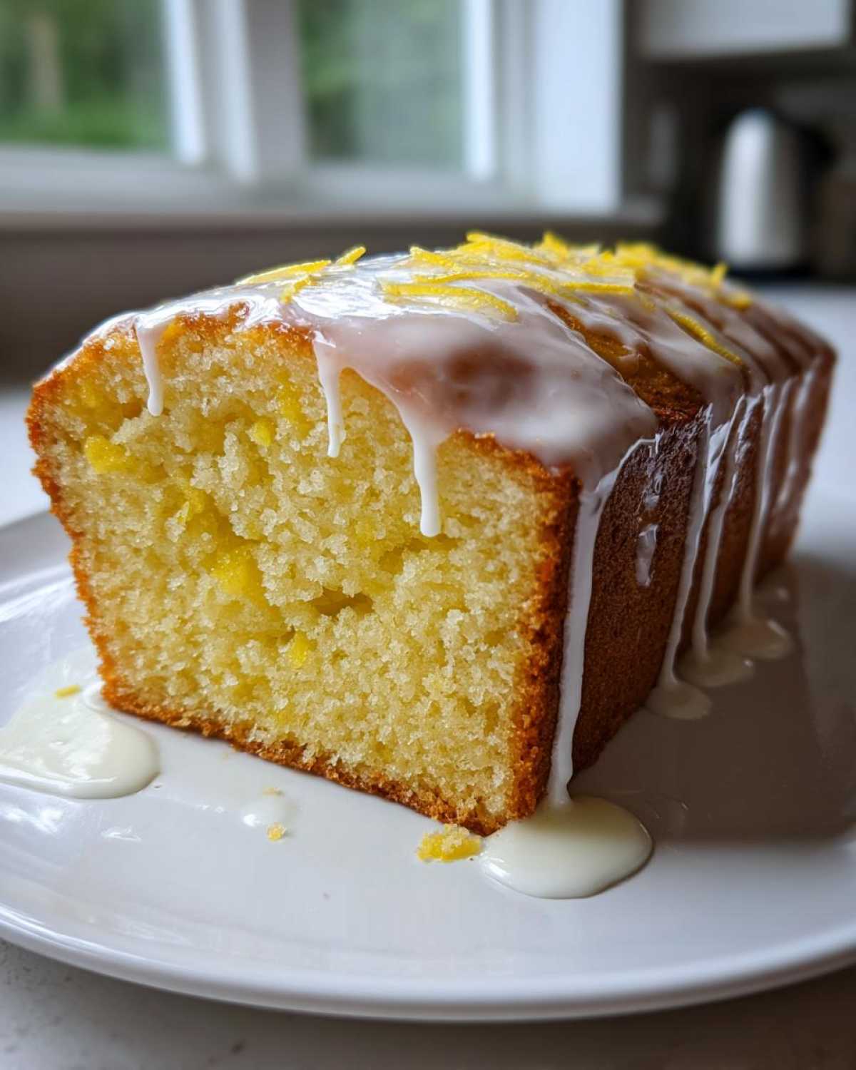 Close-up of a moist slice of Greek Yogurt Lemon Loaf Cake topped with white glaze and lemon zest.