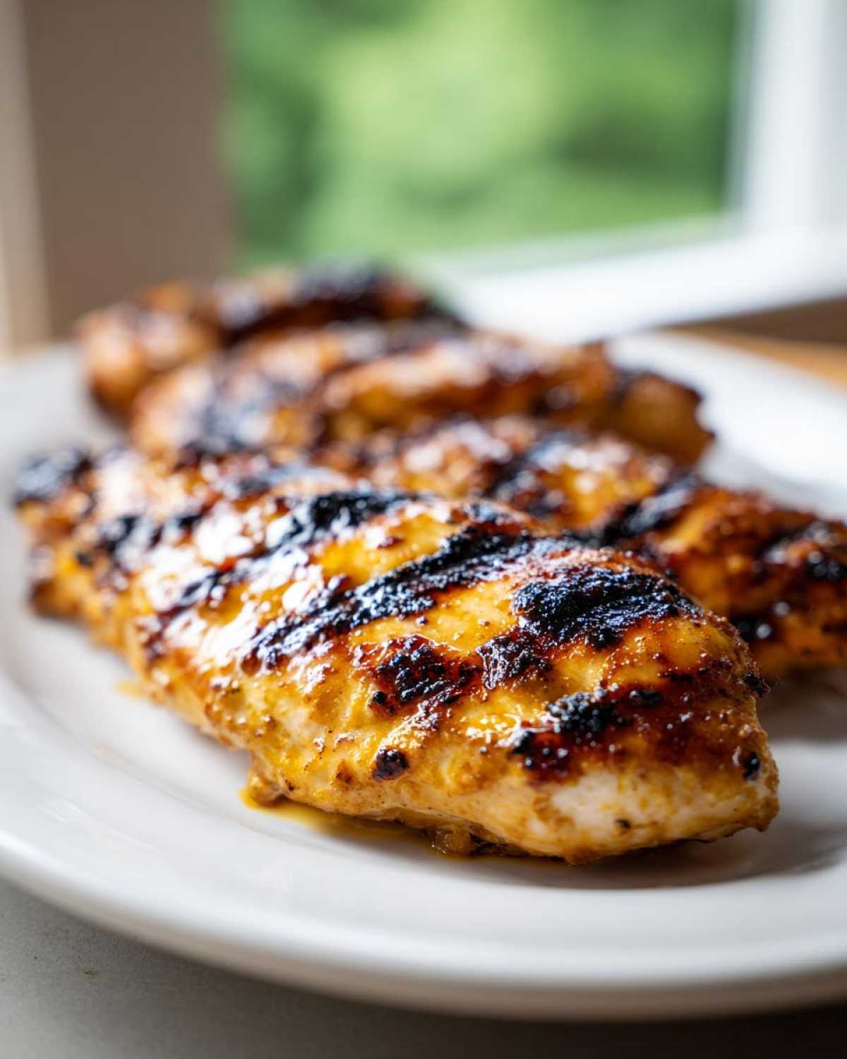 Close-up view of juicy Grilled Honey Mustard Chicken Breasts with distinct char marks on a white plate.