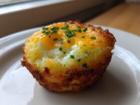 A single, crispy Hash Brown Breakfast Cup topped with melted cheddar cheese and fresh chives, resting on a white plate.