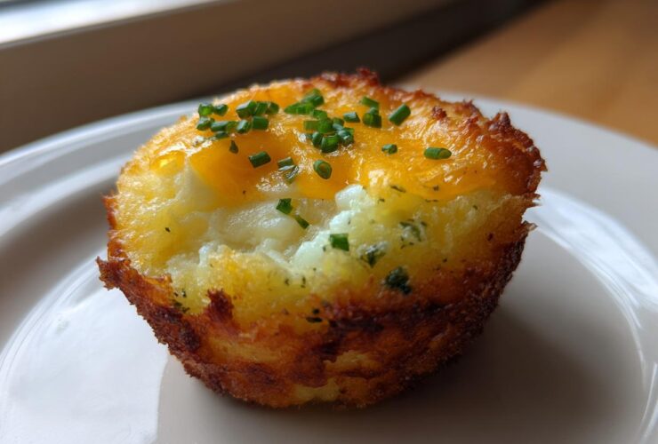 A single, crispy Hash Brown Breakfast Cup topped with melted cheddar cheese and fresh chives, resting on a white plate.