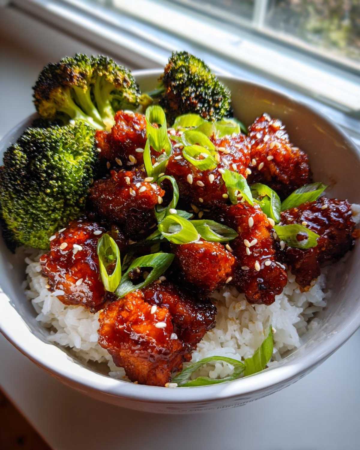 Close-up of a Honey BBQ Chicken Rice Bowl featuring glazed chicken pieces, white rice, roasted broccoli, and green onions.