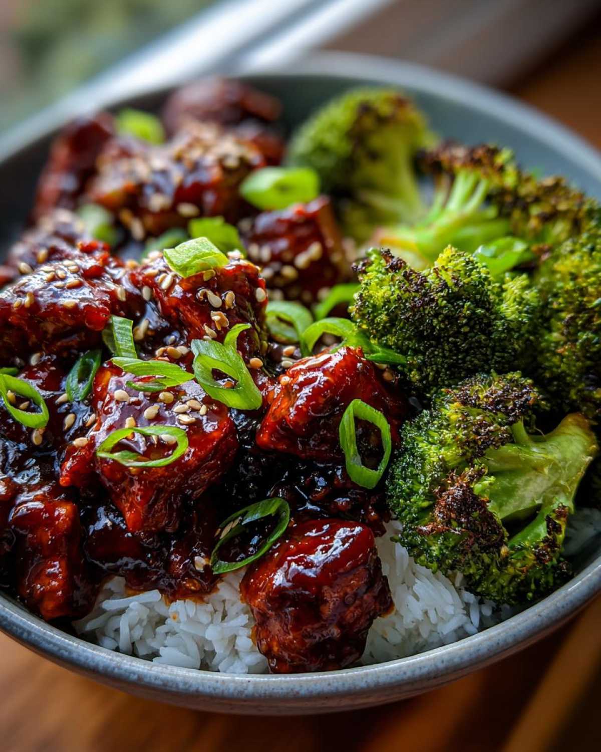 Close-up of a Honey BBQ Chicken Rice Bowl featuring sticky, glazed chicken pieces, roasted broccoli, and white rice.