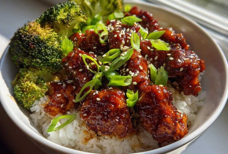 Close-up of a Honey BBQ Chicken Rice Bowl featuring glazed chicken pieces over white rice, topped with sesame seeds and green onions, served with roasted broccoli.