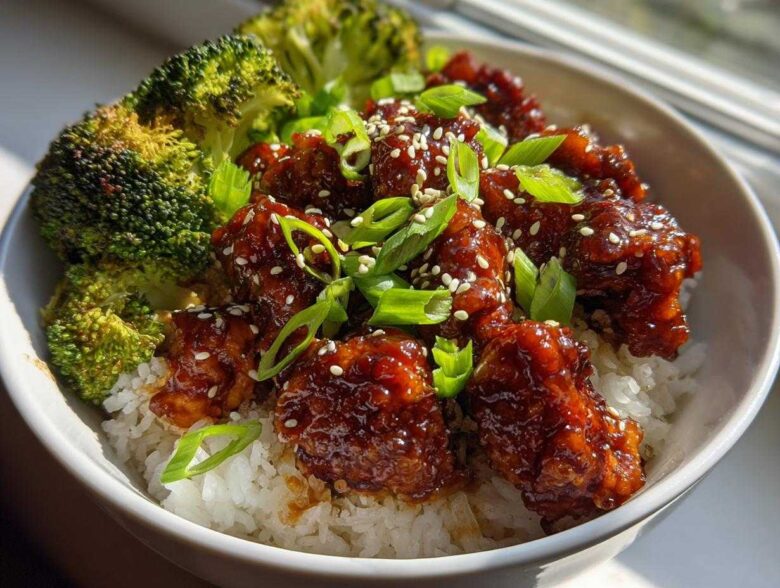 Close-up of a Honey BBQ Chicken Rice Bowl featuring glazed chicken pieces over white rice, topped with sesame seeds and green onions, served with roasted broccoli.