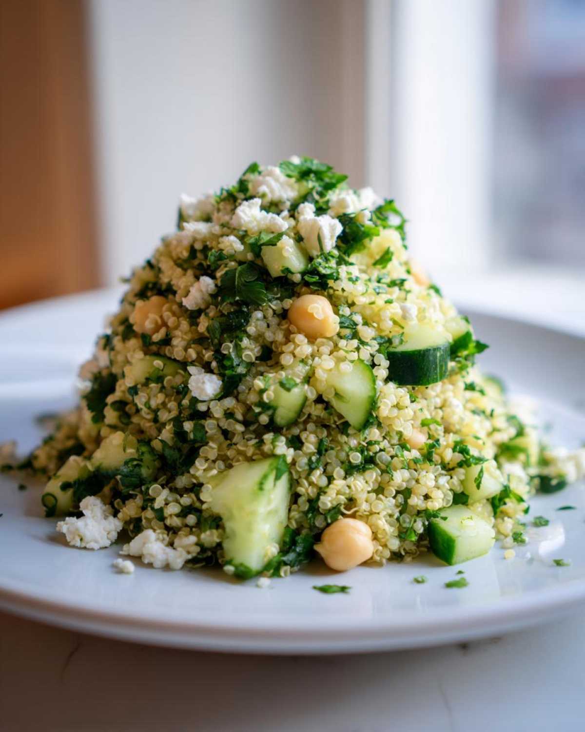 A mound of quinoa salad featuring chickpeas, chopped cucumber, feta cheese, and parsley, resembling the Jennifer Aniston Salad.