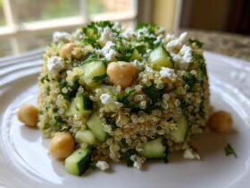 A molded serving of the Jennifer Aniston Salad featuring quinoa, chopped cucumber, chickpeas, and crumbled feta cheese.