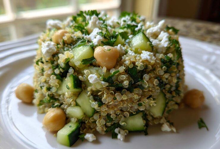 A molded serving of the Jennifer Aniston Salad featuring quinoa, chopped cucumber, chickpeas, and crumbled feta cheese.